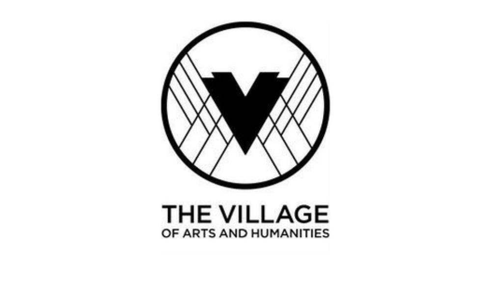 Village of Arts and Humanities logo with Black V inside of a circle with the name of the organization in black below the circle
