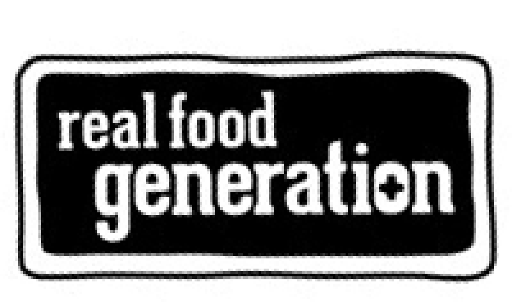 Real Food Generation logo with white font in front of a black backgruond