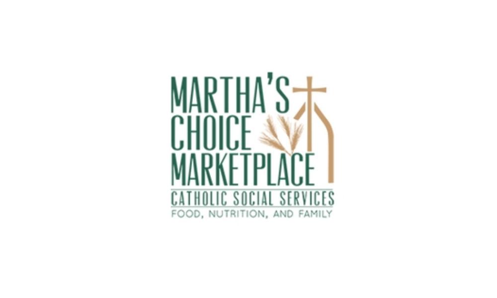 Martha's Choice Marketplace logo with gold cross and the words Catholic Social Services written in green under the logo