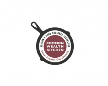 commonwealth kitchen logo with white font in front of burgundy background inside of a skillet