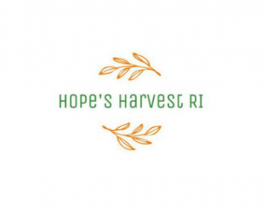 The words Hope's Harvest RI in green are surrounded by illustrated gold leaves