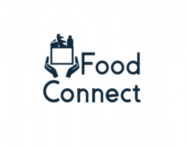 The words Food Connect in black on a white background. A pair of hands holding a box of food is on the upper left.